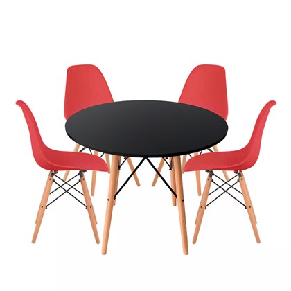 Conjunto de Mesa Redonda Preta com 4 Cadeira Eames Eiffel Vermelha