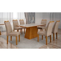 Conjunto de Sala de Jantar Mesa com 6 Cadeiras Pampulha Leifer Imbuia/Linho Bege