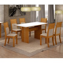 Conjunto de Sala de Jantar Mesa Florença com 6 Cadeiras Havaí Leifer Imbuia/Branco/Linho Bege