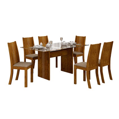 Conjunto de Sala de Jantar Mesa Havaí com 6 Cadeiras Vitória Leifer Canela/Linho Bege
