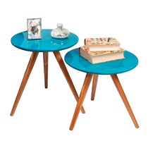 Conjunto mesa de canto madeira com vidro 0150 Ex Decor Amêndoa/Azul