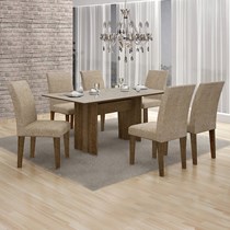 Conjunto Sala de Jantar Mesa Florença com 6 Cadeiras Olímpia Leifer Ypê/Off White/Linho Bege